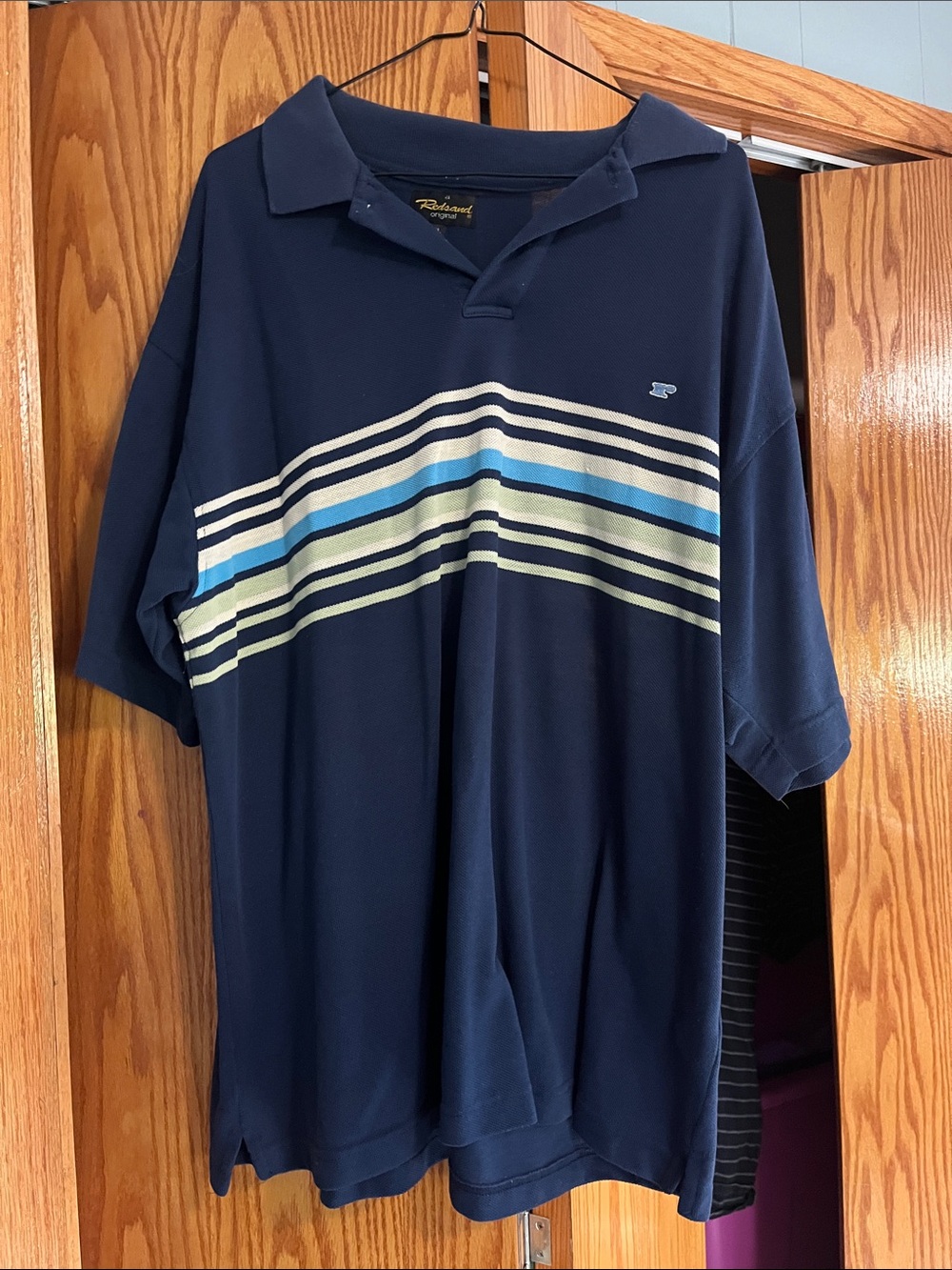 Men's Navy Polo with Cream and Light Blue Stripes